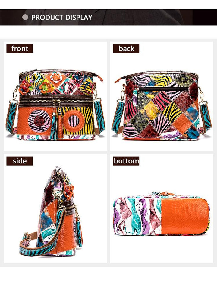 Retro Handbags Cowhide Stitching One-shoulder Messenger Bag Color Flowers Ladies Bag Casual Leather Bag - Trendha