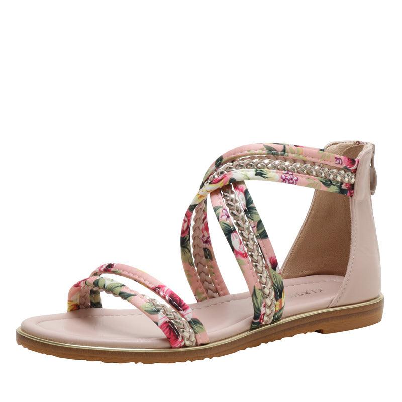 Non-slip Roman Shoes With Open-toed Floral Cloth - Trendha