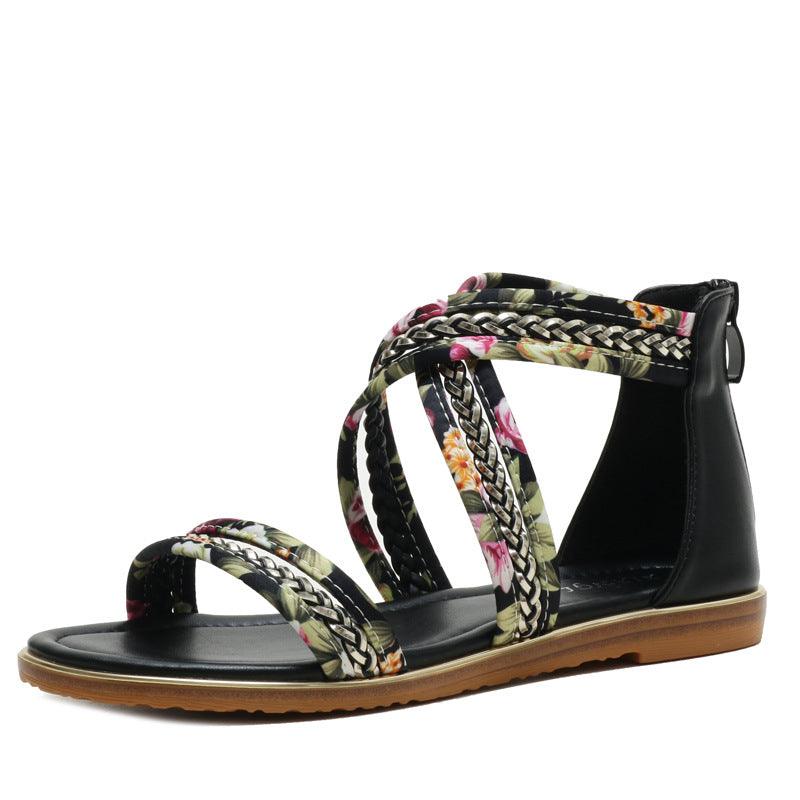 Non-slip Roman Shoes With Open-toed Floral Cloth - Trendha