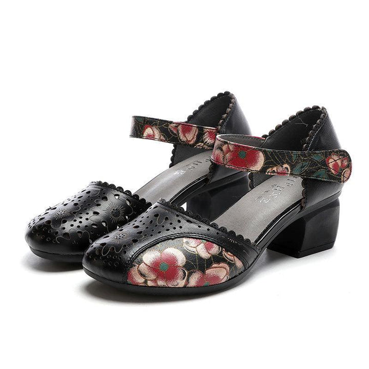 Patterned Hollow Leather Mid-heel Comfortable Ethnic Soft-soled Sandals - Trendha