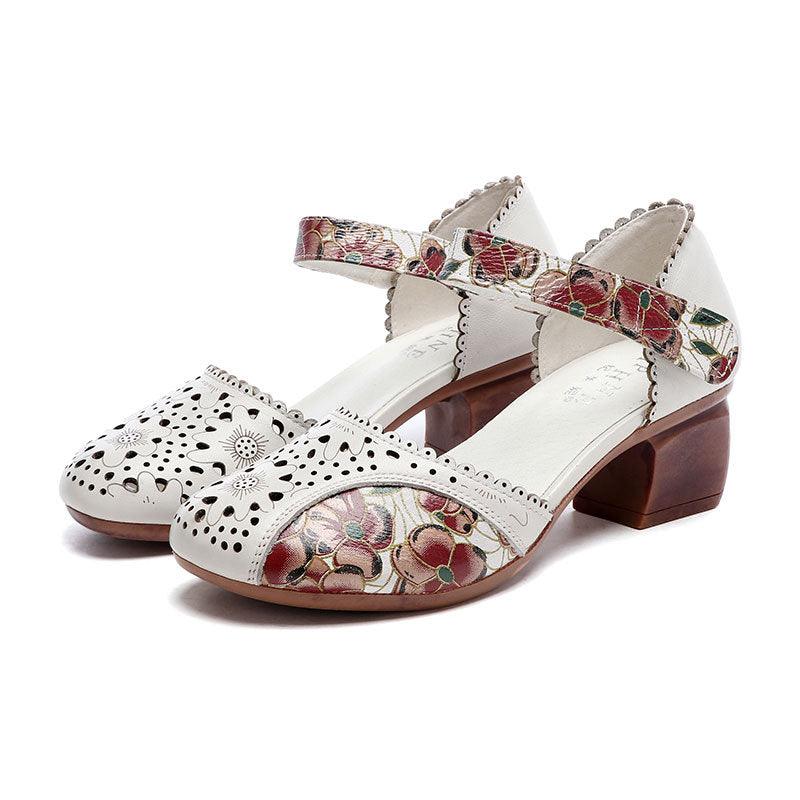 Patterned Hollow Leather Mid-heel Comfortable Ethnic Soft-soled Sandals