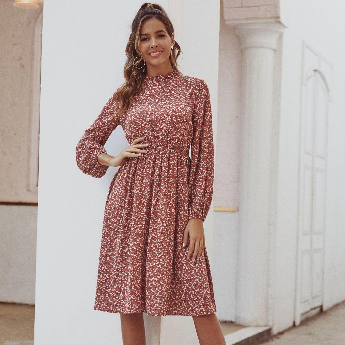 Printed commuter long sleeve dress