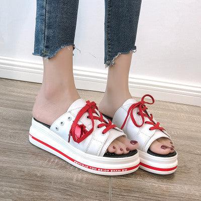 Lace, Drag, Thick Bottom Muffin And Mid Heeled Women's Shoes 2021 Summer New South Korean Casual Ladies Slippers. - Trendha