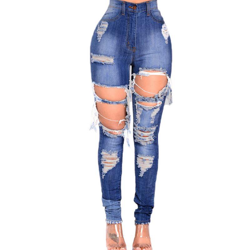 European and American style summer new grind hole jeans trousers feet high waist pants - Trendha