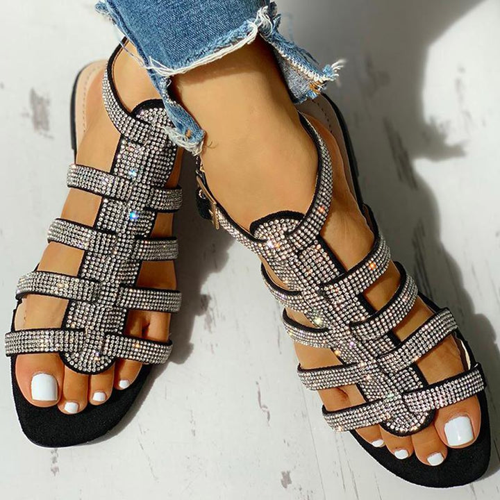 Flat Rhinestone Roman Sandals - Trendha