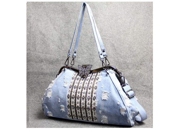 Light Blue Canvas Butterfly Clip Diamond Crossbody Bag