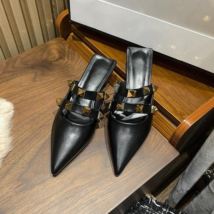 Women's Single Shoes Pointed Toe Sandals Women's Thick Heel Baotou Half Slippers - Trendha