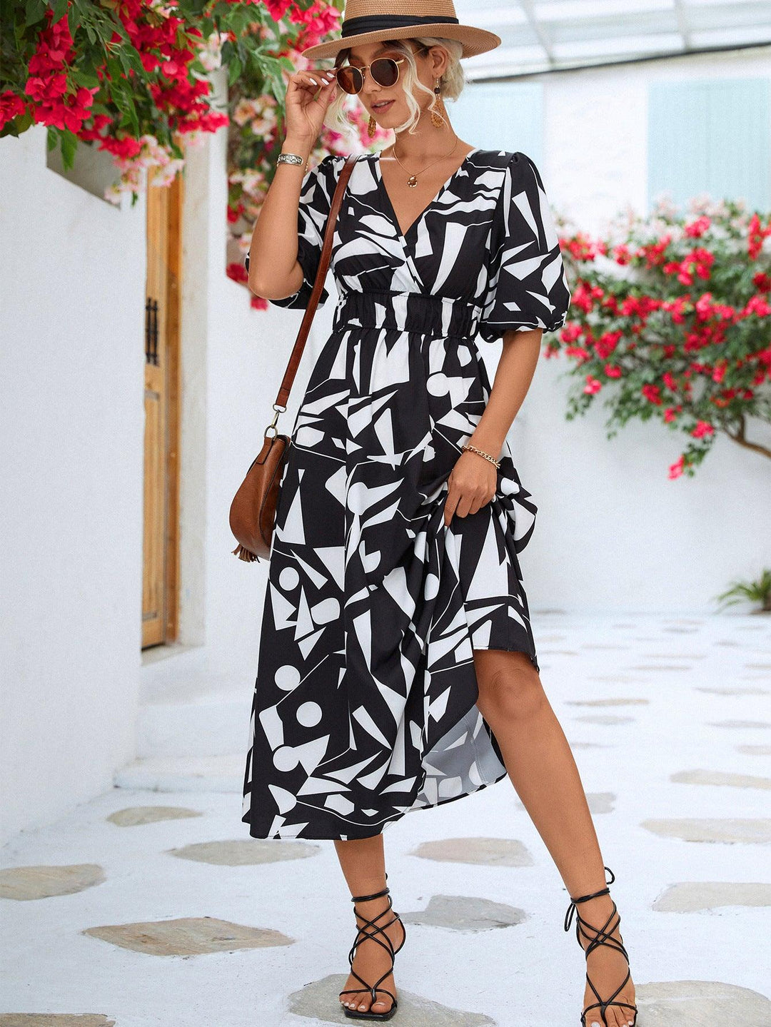 Printed Surplice Balloon Sleeve Dress - Trendha