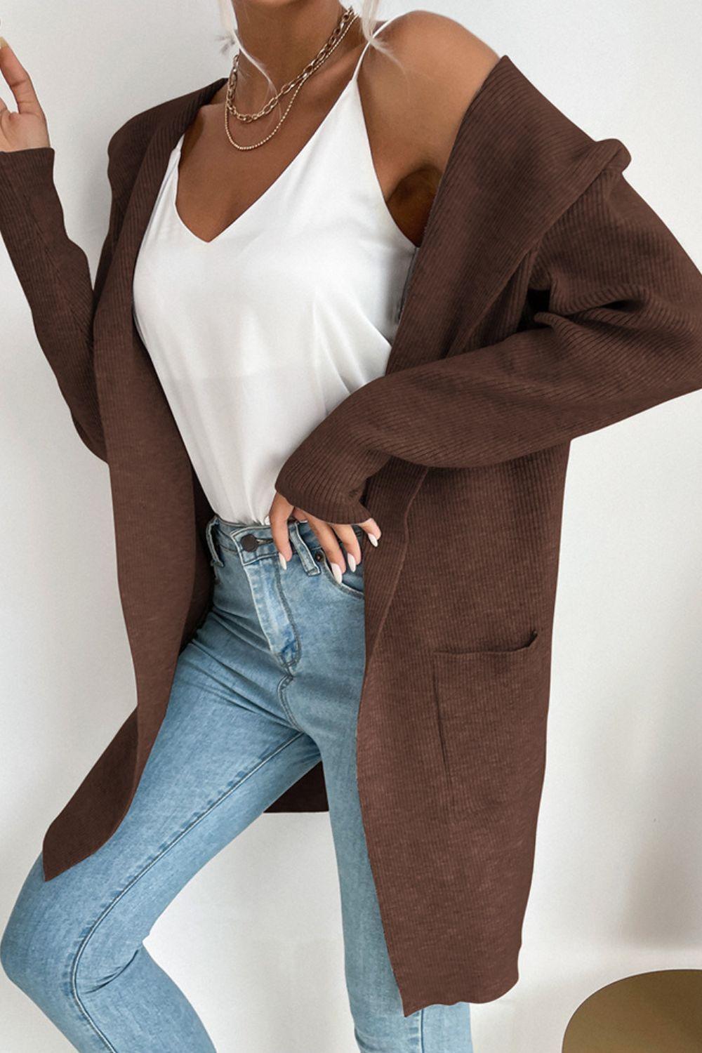 Ribbed Open Front Hooded Cardigan with Pockets - Trendha