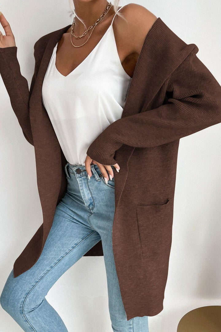Ribbed Open Front Hooded Cardigan with Pockets - Trendha