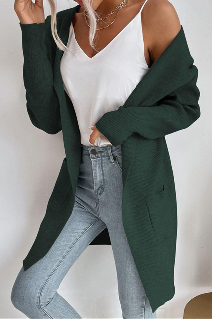 Ribbed Open Front Hooded Cardigan with Pockets - Trendha