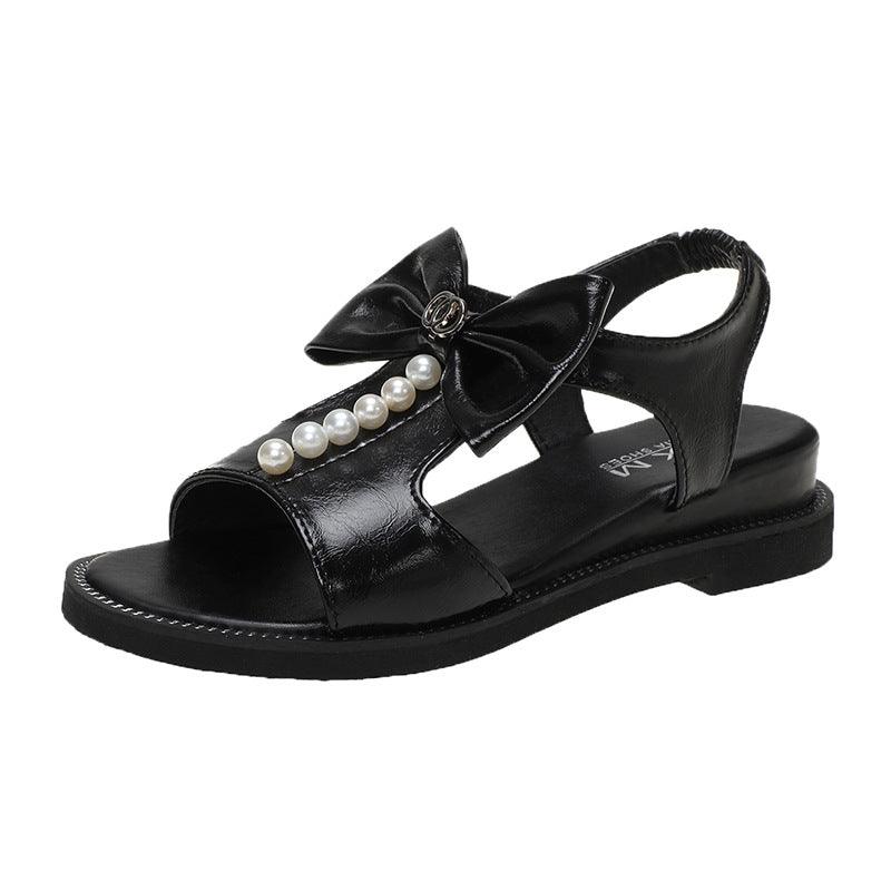 Soft-sole Bowknot Fish Mouth Beaded Flat-heel Beach Sandals - Trendha