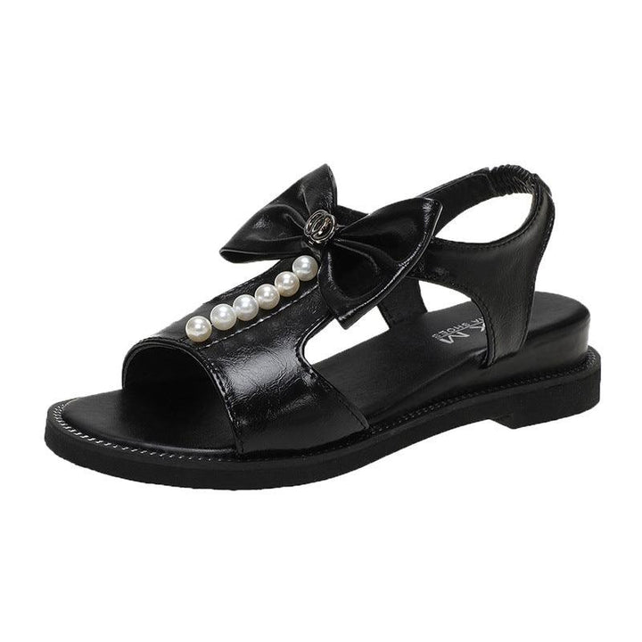 Soft-sole Bowknot Fish Mouth Beaded Flat-heel Beach Sandals - Trendha