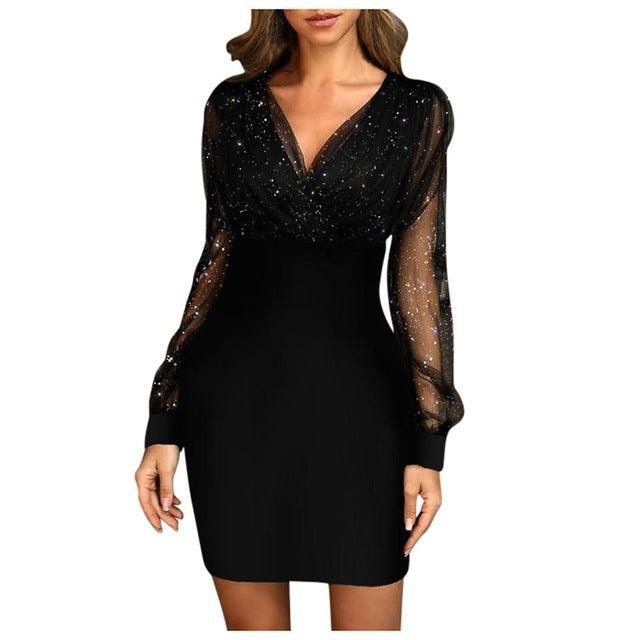 Women's autumn long-sleeved stitching V-neck mesh dress - Trendha