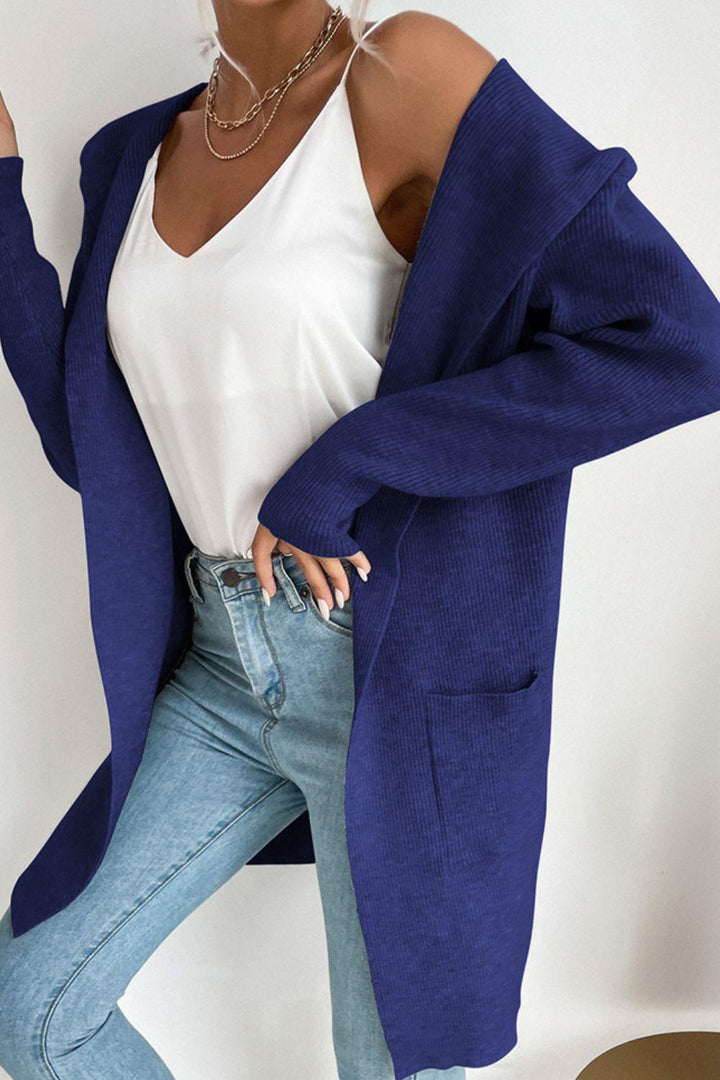 Ribbed Open Front Hooded Cardigan with Pockets - Trendha