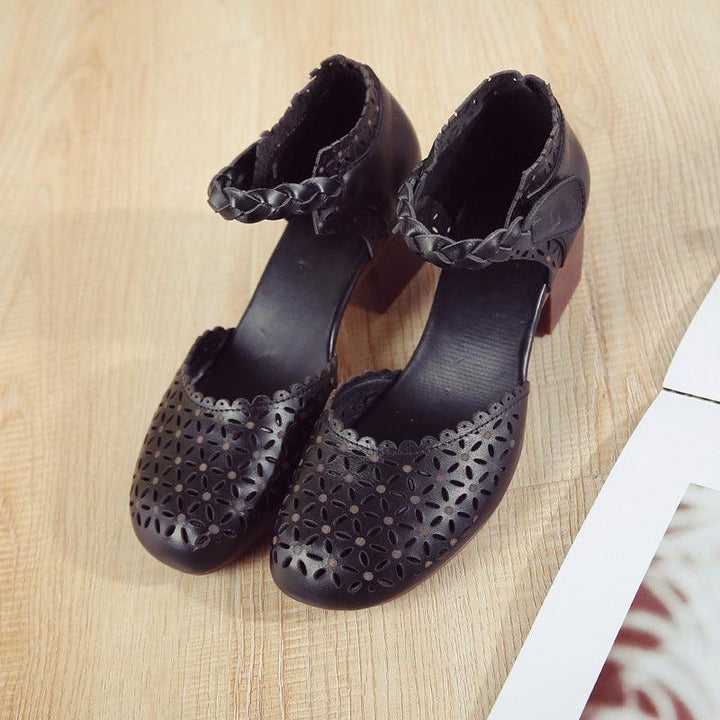 Fashion Ethnic Style Leather Mori Women's Shoes Thick Heel Hollow Toe Shoes - Trendha