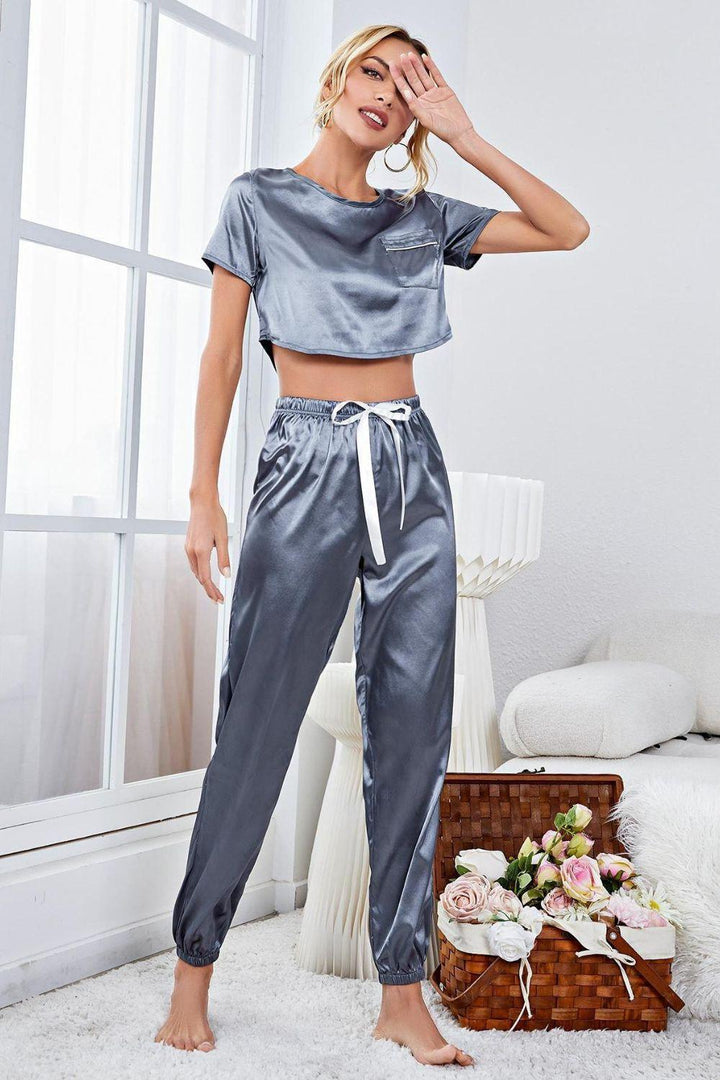 Satin Short Sleeve Crop Top and Joggers Lounge Set - Trendha