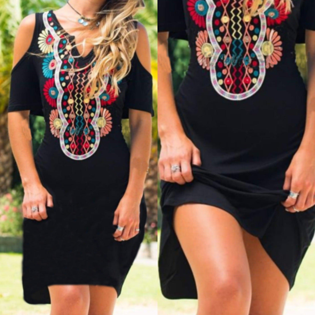Printed small V-neck mid-length off-the-shoulder dress