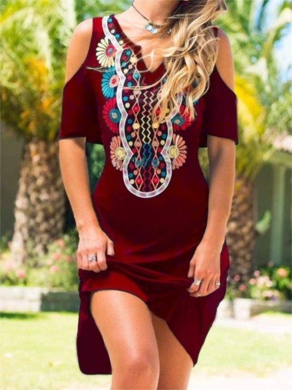 Printed small V-neck mid-length off-the-shoulder dress - Trendha