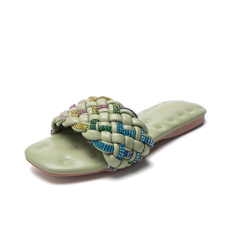 Fashion Square Head Colorful Diamond Embroidery Thread Flat Sandals - Trendha