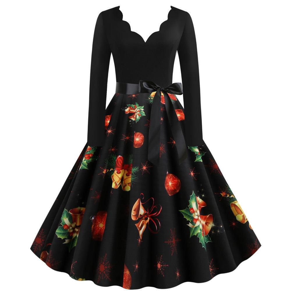 Casual Women's Long Sleeve Printed V-Neck Dress - Trendha