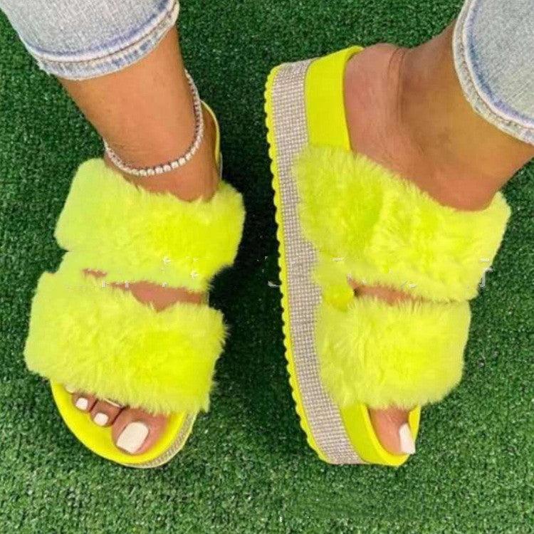 Women Bling Fluffy Slippers Fur Slides Platform Wedges Heel Solid - Trendha