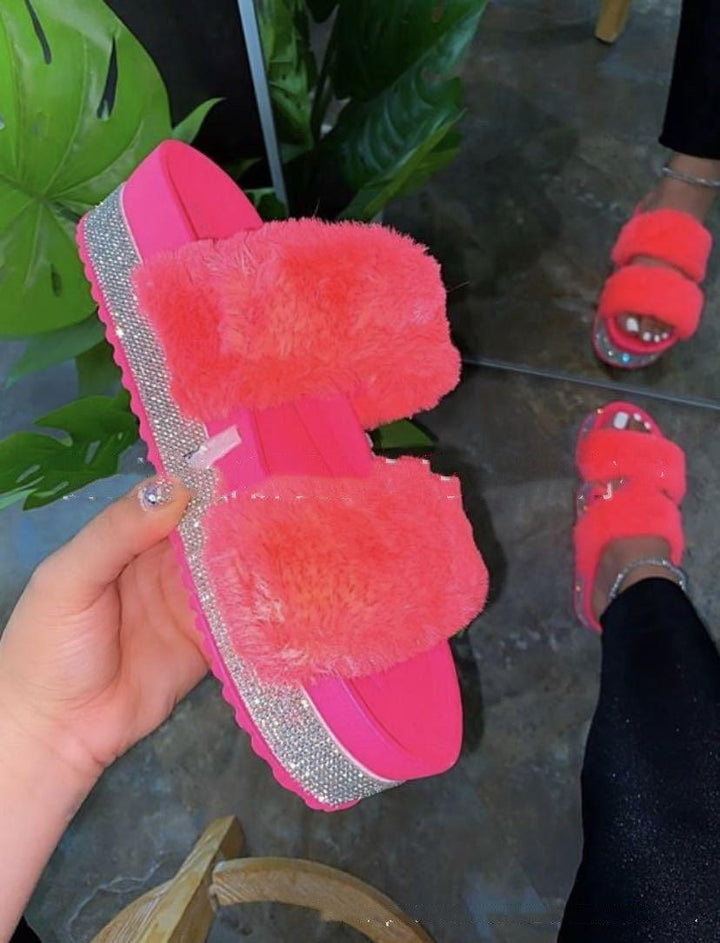 Women Bling Fluffy Slippers Fur Slides Platform Wedges Heel Solid - Trendha