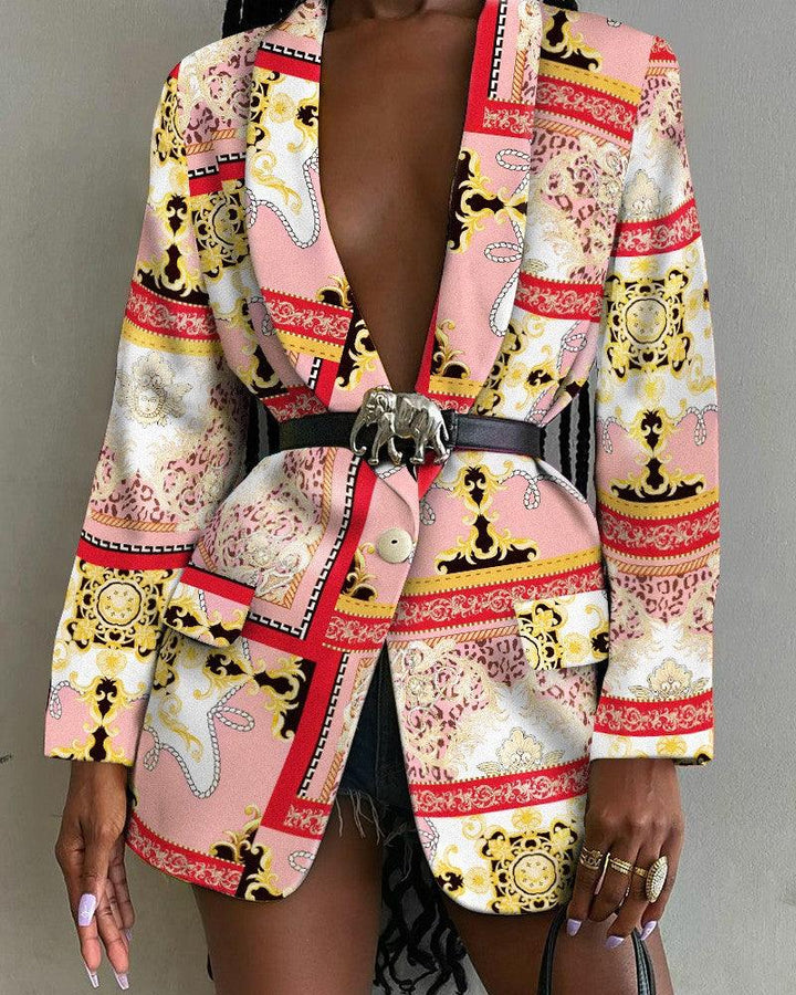 Fashion-Forward Printed Shawl Collar Single-Breasted Belted Blazer for Women - Trendha