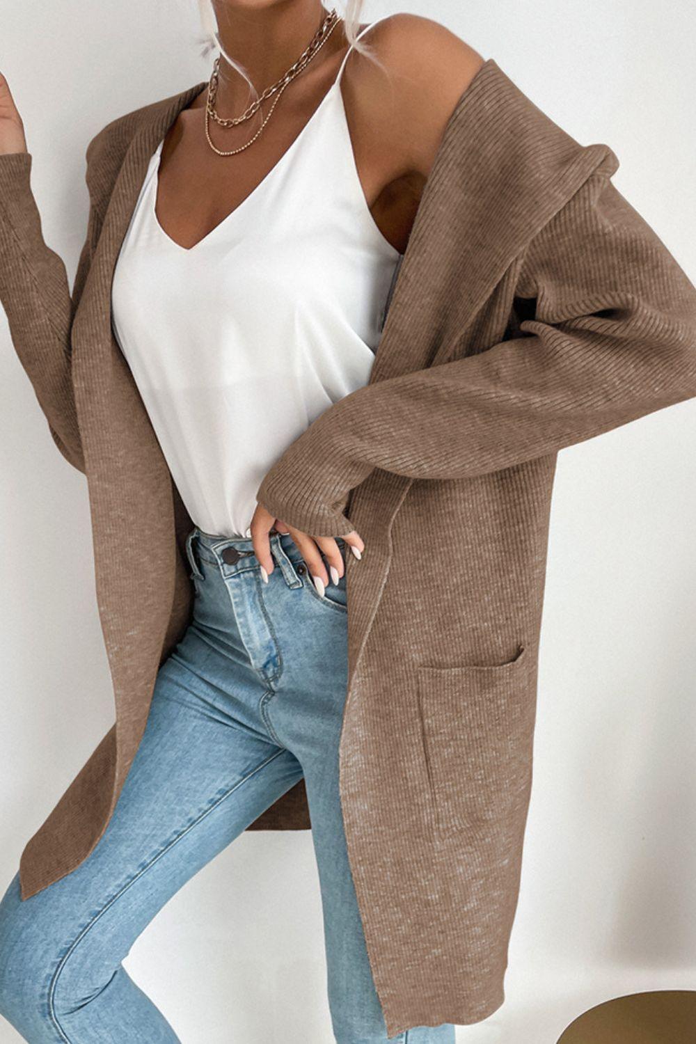 Ribbed Open Front Hooded Cardigan with Pockets - Trendha