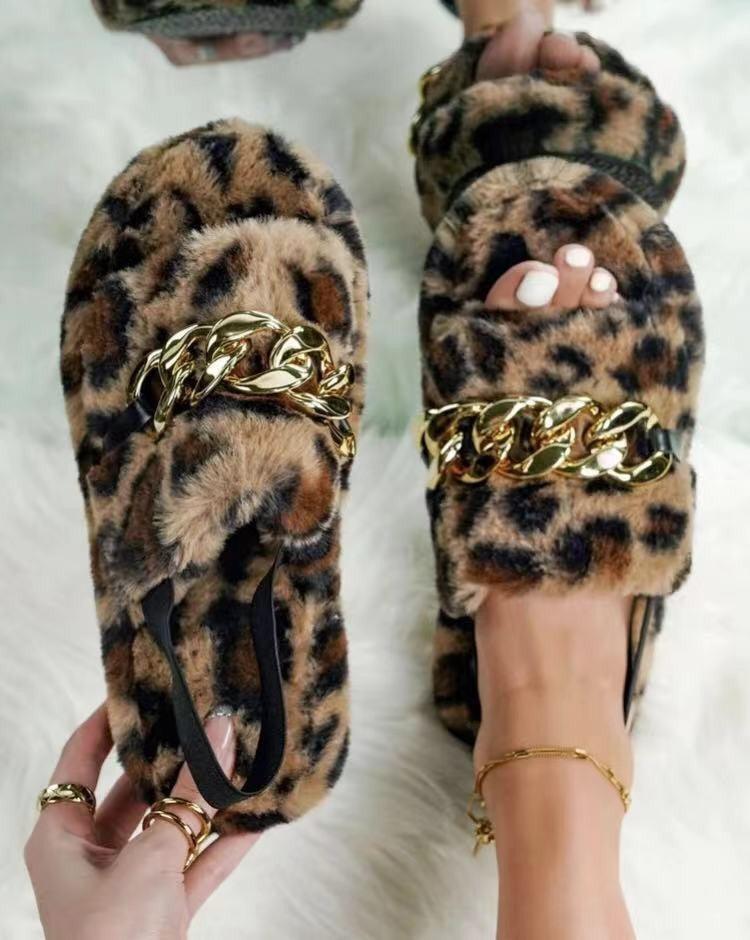 Leopard Print Casual Ethnic Style Flat Metal Chain Leopard Print Plush Slippers - Trendha
