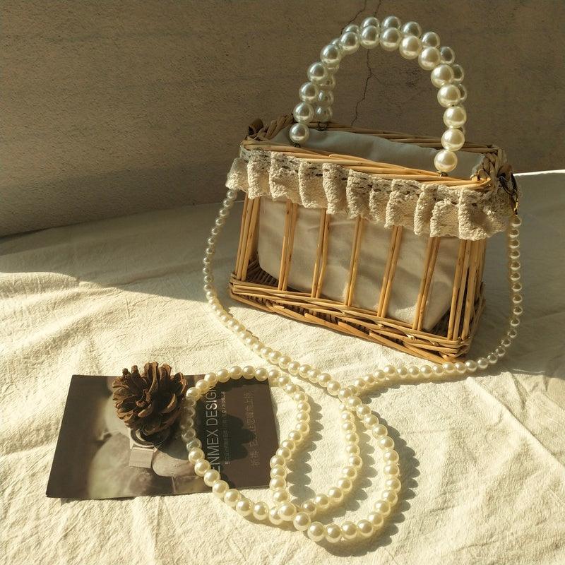 Handbag Chain Homemade Bag Pearl Woven Rattan Square Bag Straw Woven - Trendha