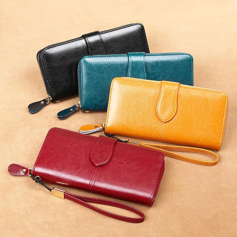Waxed Cowhide Long Lady Wallet Leather Zipper Wallet Large Capacity - Trendha