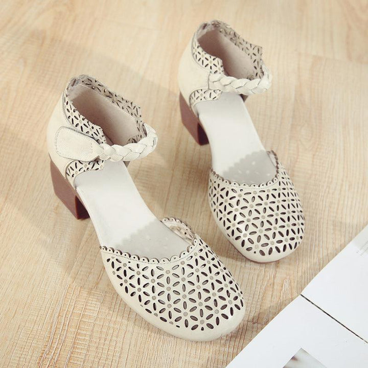 Fashion Ethnic Style Leather Mori Women's Shoes Thick Heel Hollow Toe Shoes - Trendha