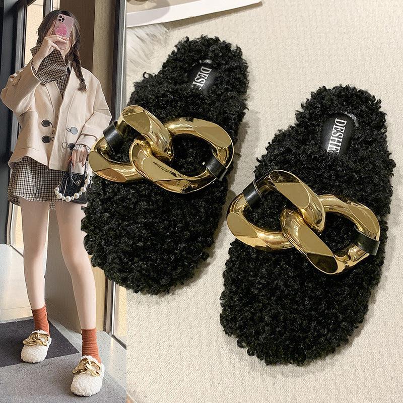 Fur Sandals Autumn Women Furry Wool Mule Slippers With Metal Chain - Trendha