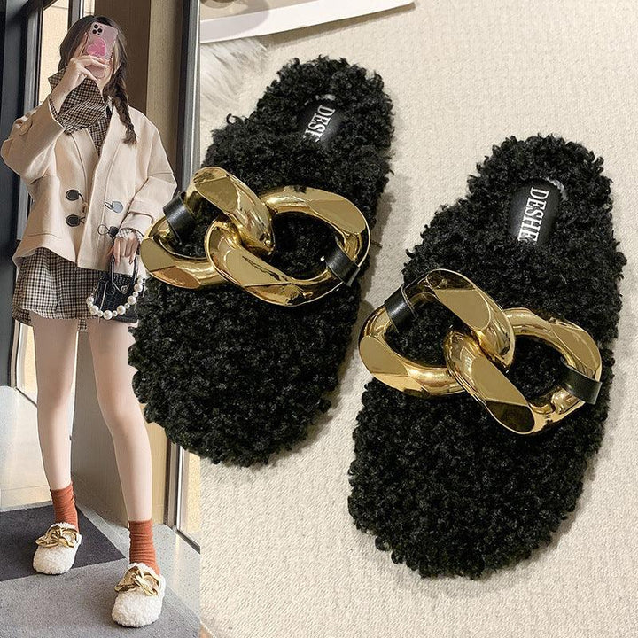 Fur Sandals Autumn Women Furry Wool Mule Slippers With Metal Chain - Trendha