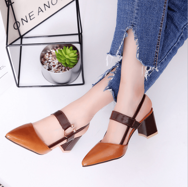 Pointed-Toe Buckle-Strap Block-Heel Sandals