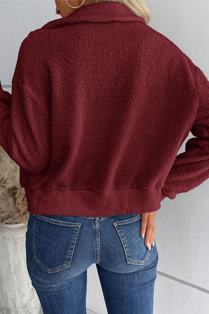 Zip-Up Sherpa Collared Neck Jacket with Pockets - Trendha
