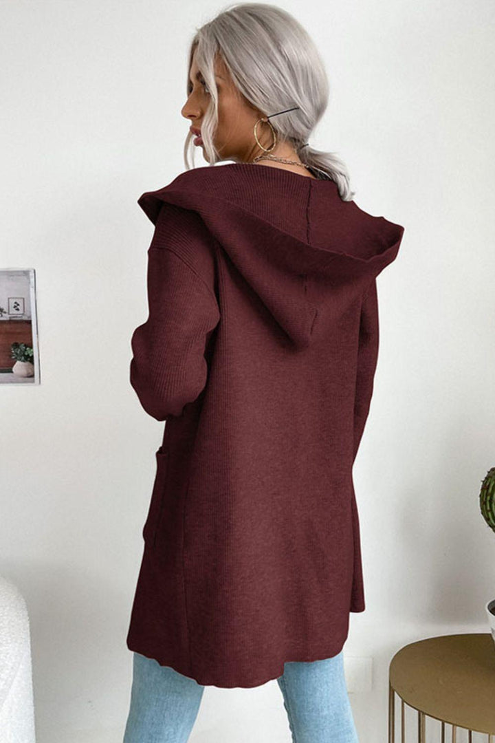 Ribbed Open Front Hooded Cardigan with Pockets - Trendha