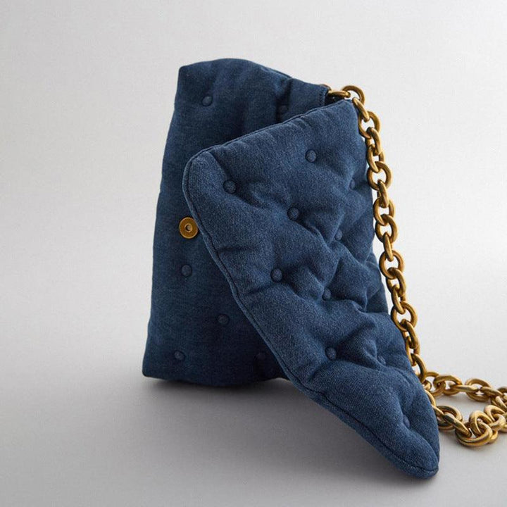 Blue oversized denim quilted shoulder messenger bag chain bag - Trendha