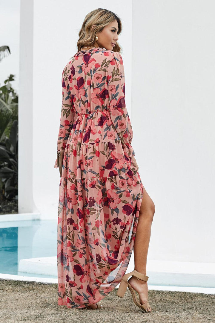 Floral Frill Trim Flounce Sleeve Plunge Maxi Dress - Trendha