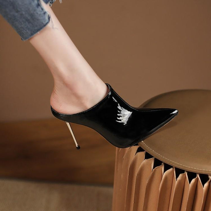 Stiletto High Heels Pointed Toe Silver Patent Leather Toe Cap Iron Heel Sandals And Slippers - Trendha