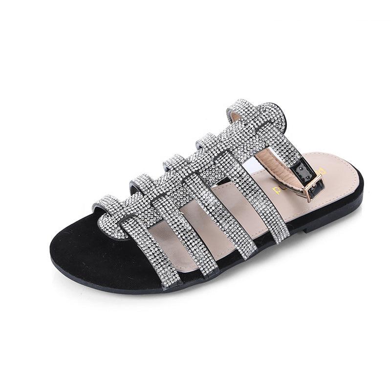 Flat Rhinestone Roman Sandals - Trendha