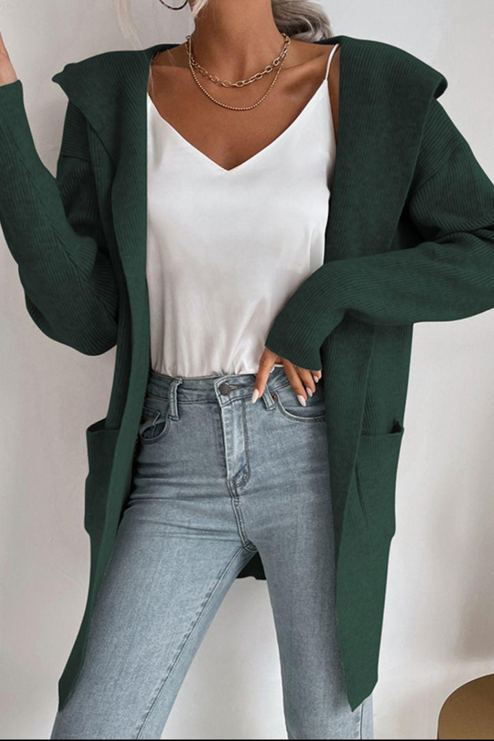Ribbed Open Front Hooded Cardigan with Pockets - Trendha
