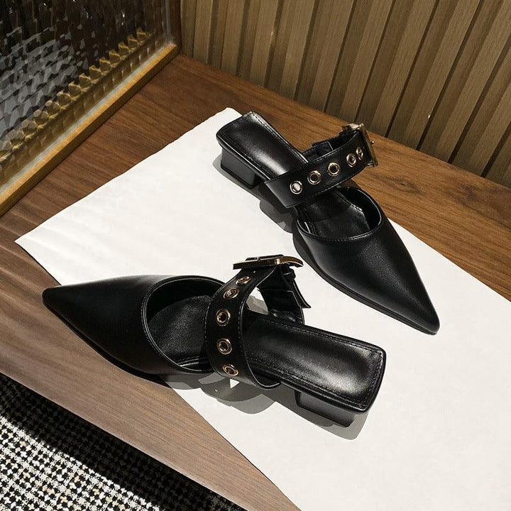 Women's Single Shoes Pointed Toe Sandals Women's Thick Heel Baotou Half Slippers - Trendha