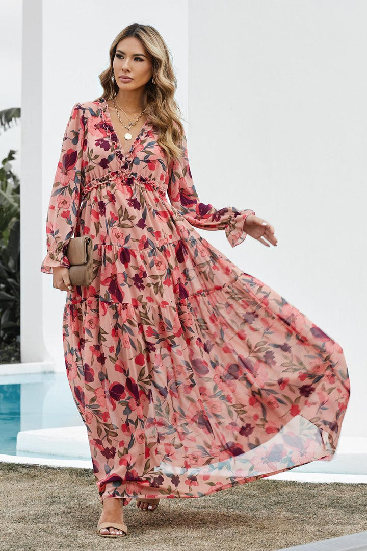 Floral Frill Trim Flounce Sleeve Plunge Maxi Dress - Trendha