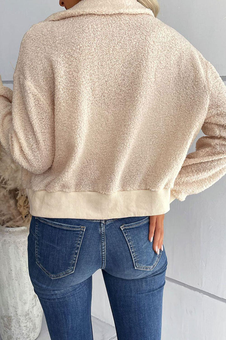 Zip-Up Sherpa Collared Neck Jacket with Pockets - Trendha