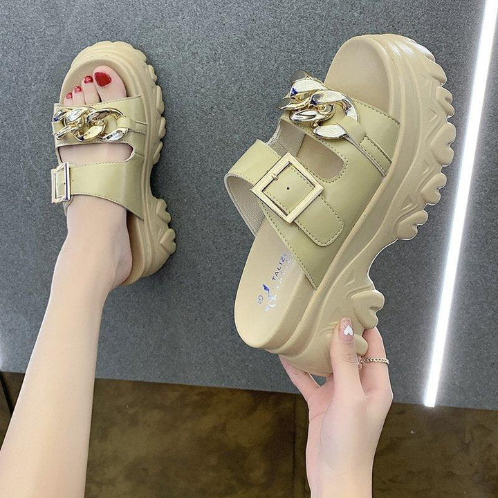 Metal Buckle Heightening Sponge Cake Sandals And Slippers - Trendha