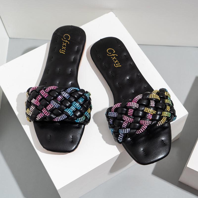 Fashion Square Head Colorful Diamond Embroidery Thread Flat Sandals - Trendha