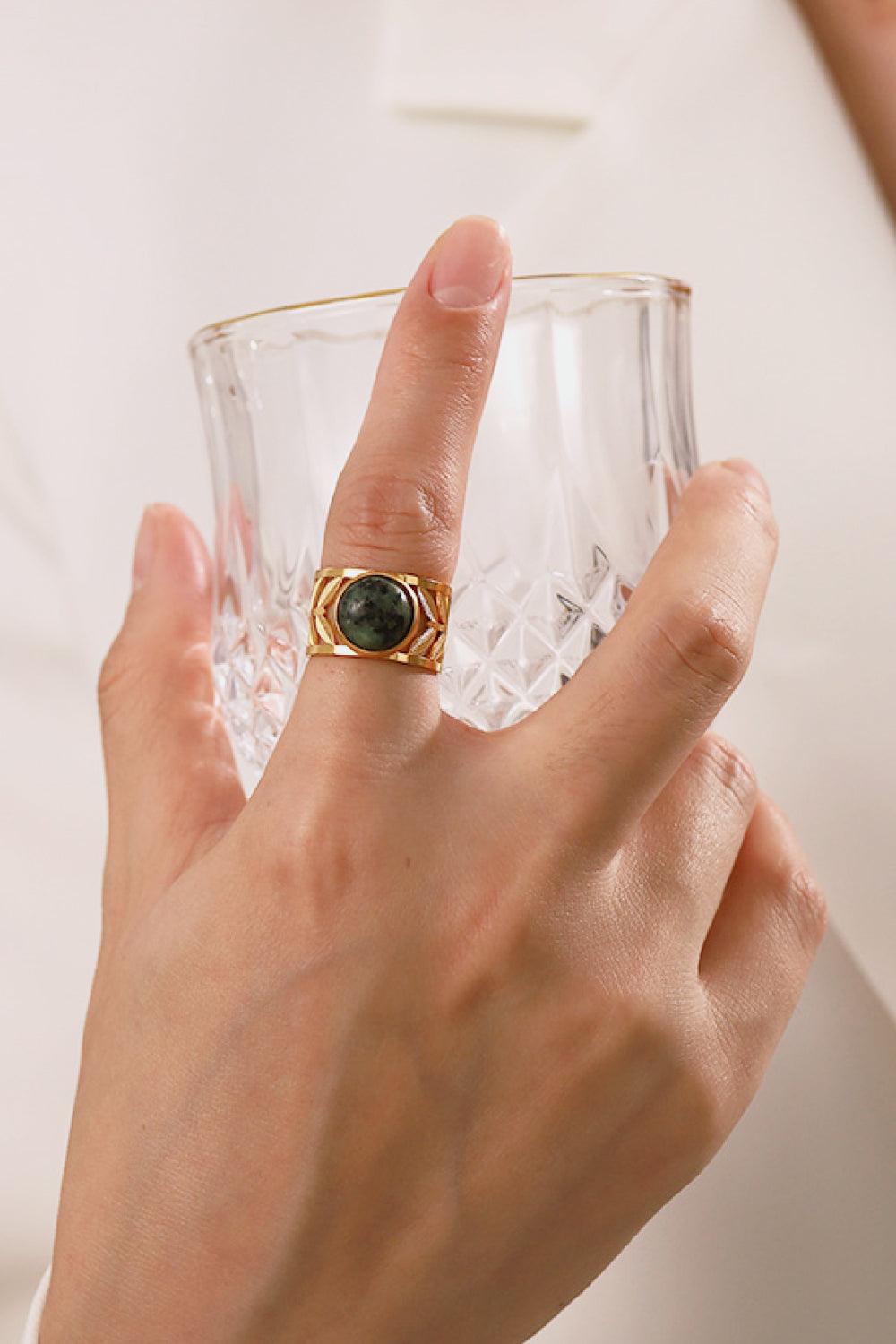 18k Gold Plated Malachite Leaf Ring - Trendha