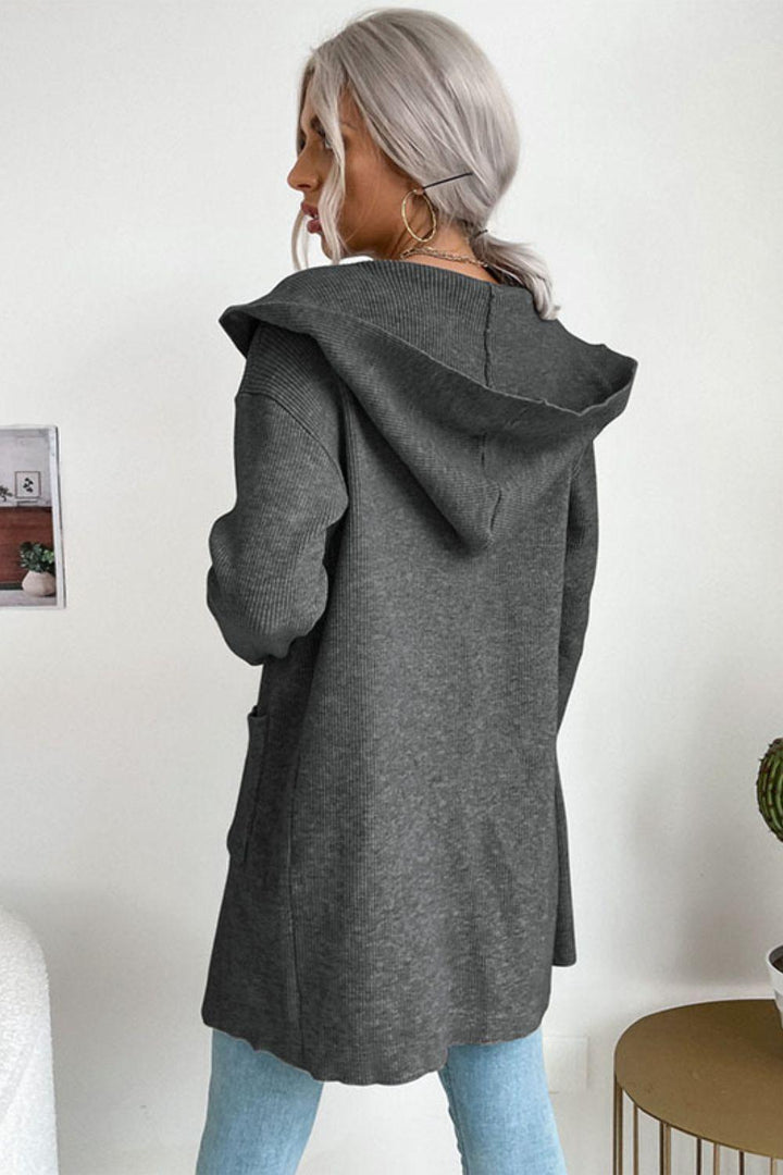 Ribbed Open Front Hooded Cardigan with Pockets - Trendha